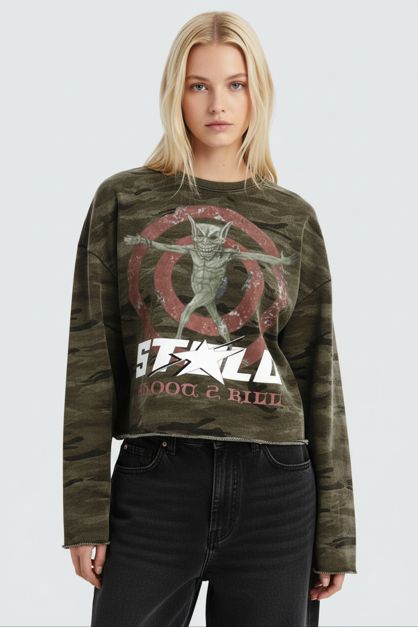 Stolo Clothing Co SHOOT 2 KILL Camo Cropped Heavyweight Long Sleeve Tee (400GSM)