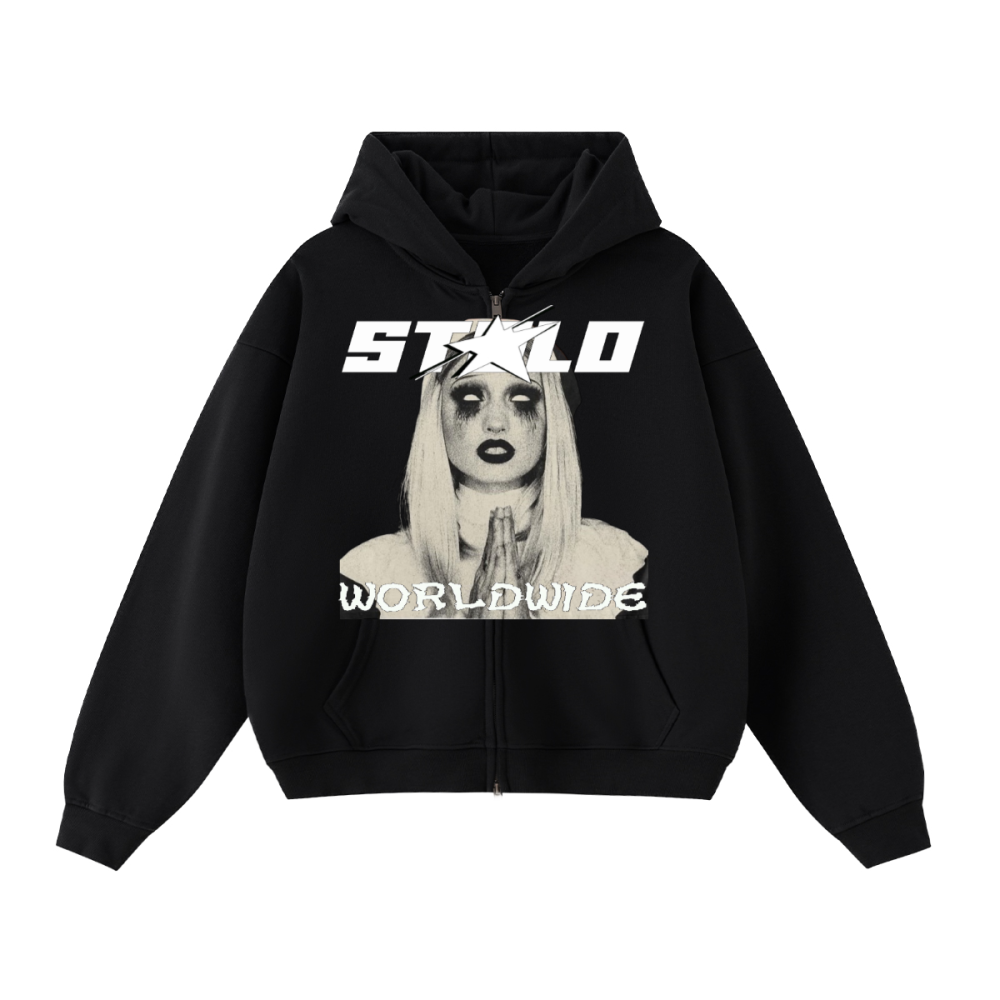 Stolo Clothing Co PREYING NUN Heavyweight Cropped Double Zip-Up Hoodie (460GSM)