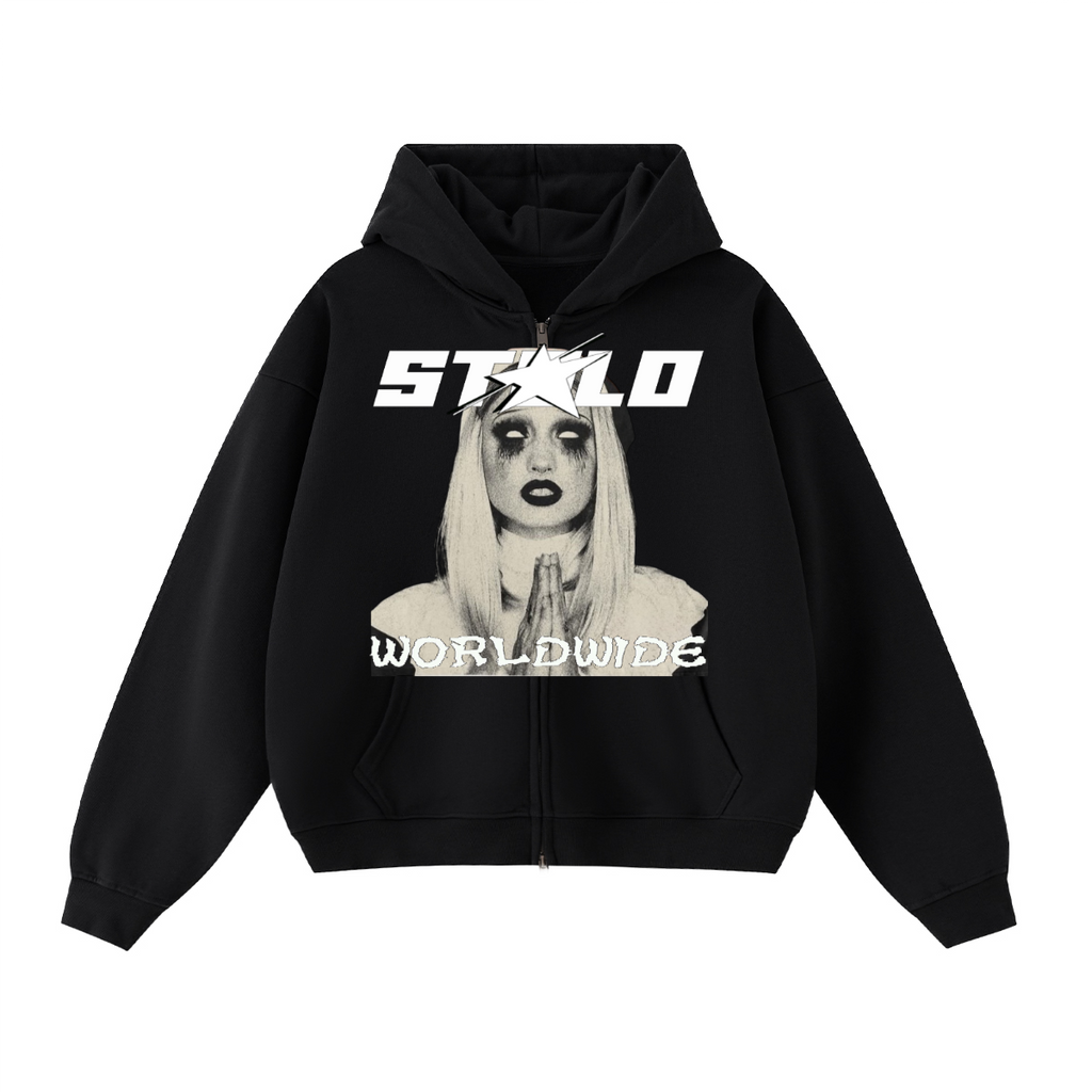 Stolo Clothing Co PREYING NUN Heavyweight Cropped Double Zip-Up Hoodie (460GSM)