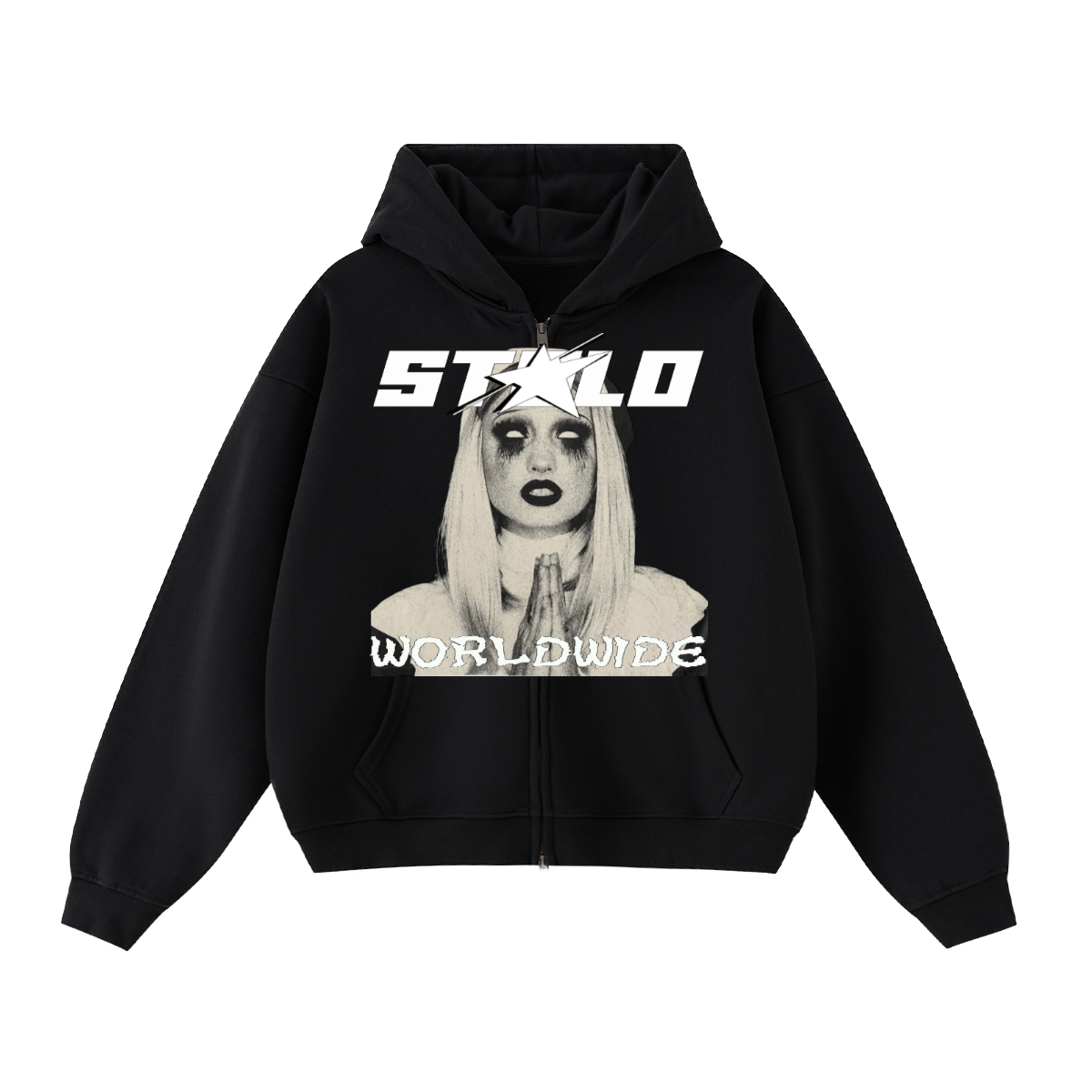 Stolo Clothing Co PREYING NUN Heavyweight Cropped Double Zip-Up Hoodie (460GSM)