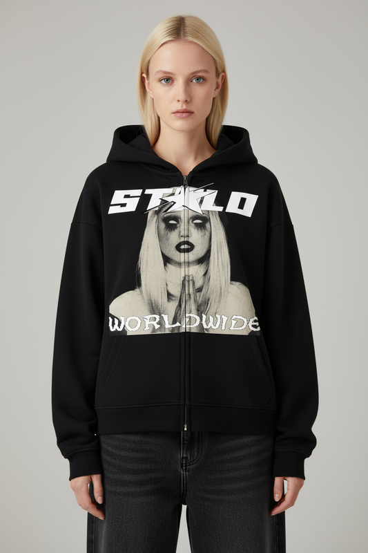 Stolo Clothing Co PREYING NUN Heavyweight Cropped Double Zip-Up Hoodie (460GSM)