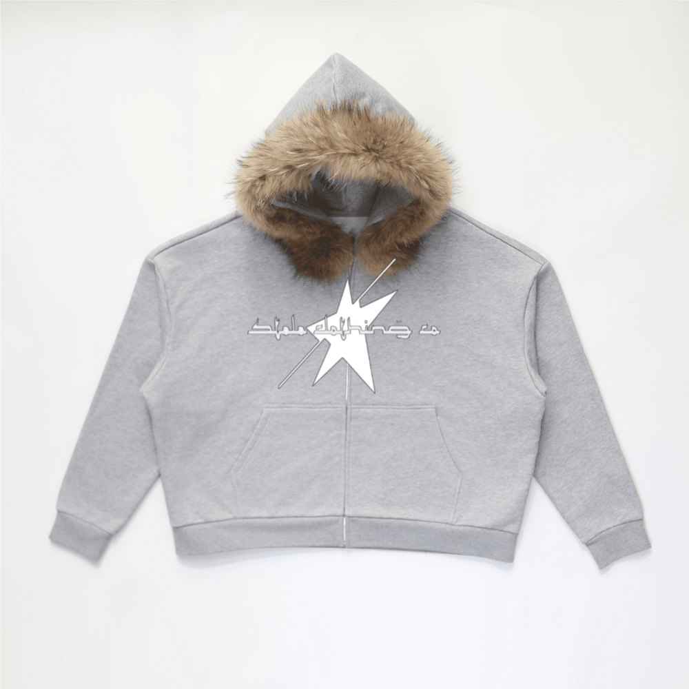 Stolo Clothing Co LOGO Grey Detectable Fur Double Zip-Up Hoodie（400GSM)