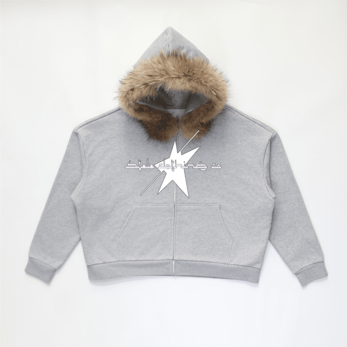 Stolo Clothing Co LOGO Grey Detectable Fur Double Zip-Up Hoodie（400GSM)