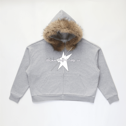 Stolo Clothing Co LOGO Grey Detectable Fur Double Zip-Up Hoodie（400GSM)