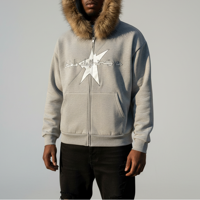 Stolo Clothing Co LOGO Grey Detectable Fur Double Zip-Up Hoodie（400GSM)