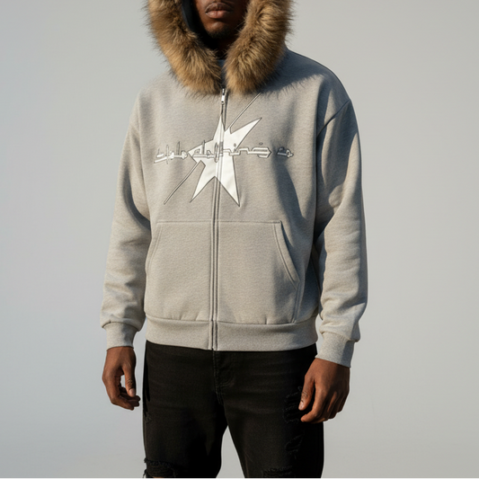 Stolo Clothing Co LOGO Grey Detectable Fur Double Zip-Up Hoodie（400GSM)
