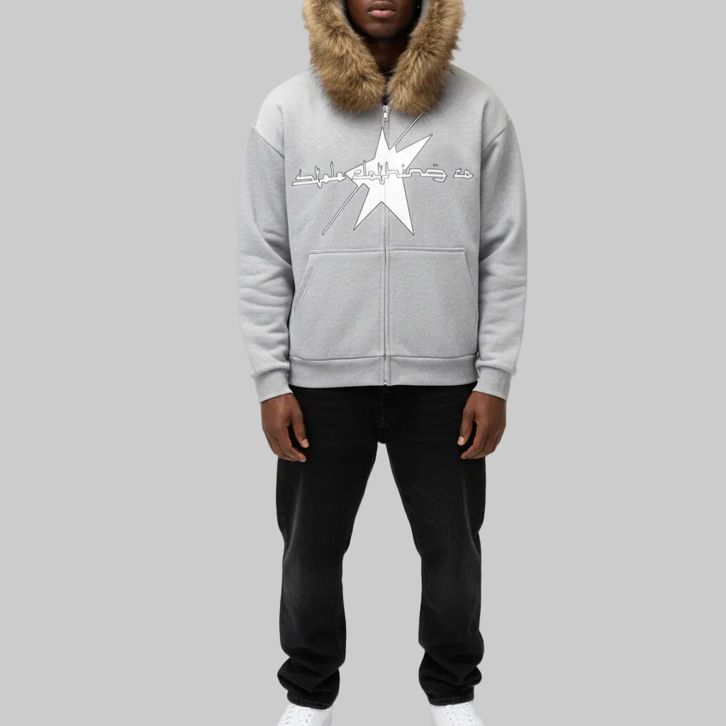 Stolo Clothing Co LOGO Grey Detectable Fur Double Zip-Up Hoodie（400GSM)