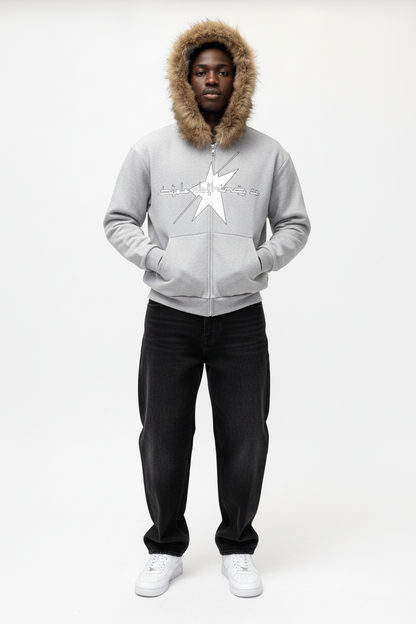 Stolo Clothing Co LOGO Grey Detectable Fur Double Zip-Up Hoodie（400GSM)