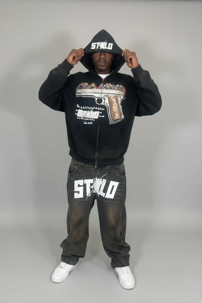 Stolo Clothing Co LUKE 22:36 Hand-Frayed Sun-Faded Double Zip-Up Hoodie (420 GSM)