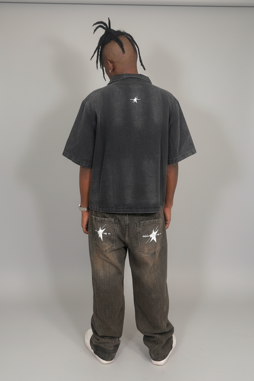 Stolo Clothing Co STARCHILD REBORN  Sun Faded Vintage Washed Full-Zip Denim Tee Shirt