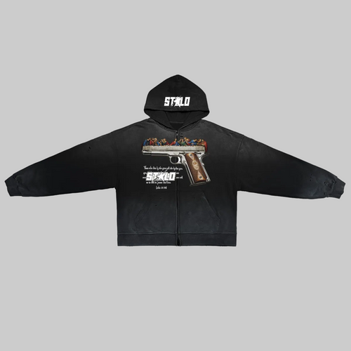 Stolo Clothing Co LUKE 22:36 Hand-Frayed Sun-Faded Double Zip-Up Hoodie (420 GSM)