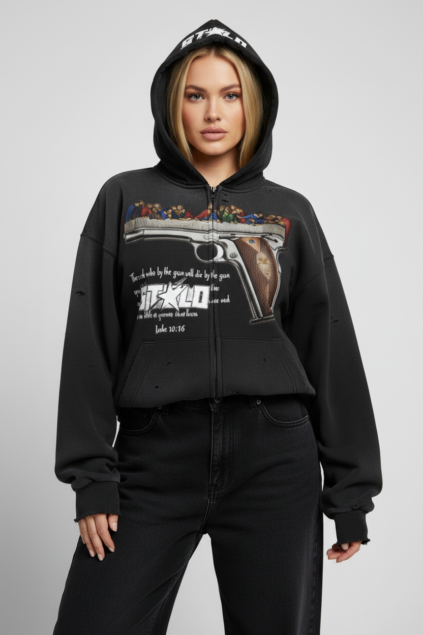Stolo Clothing Co LUKE 22:36 Hand-Frayed Sun-Faded Double Zip-Up Hoodie (420 GSM)