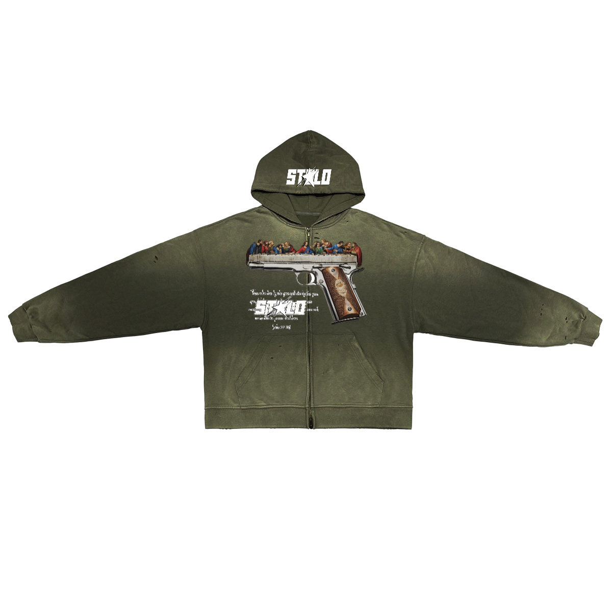 Stolo Clothing Co LUKE 22:36 Hand-Frayed Sun-Faded Double Zip-Up Hoodie (420 GSM)