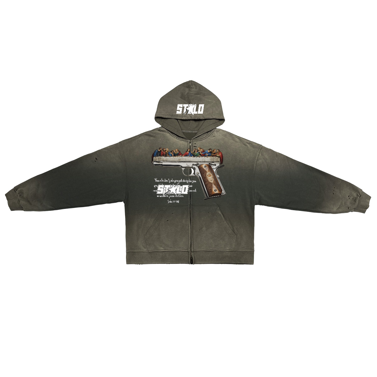 Stolo Clothing Co LUKE 22:36 Hand-Frayed Sun-Faded Double Zip-Up Hoodie (420 GSM)
