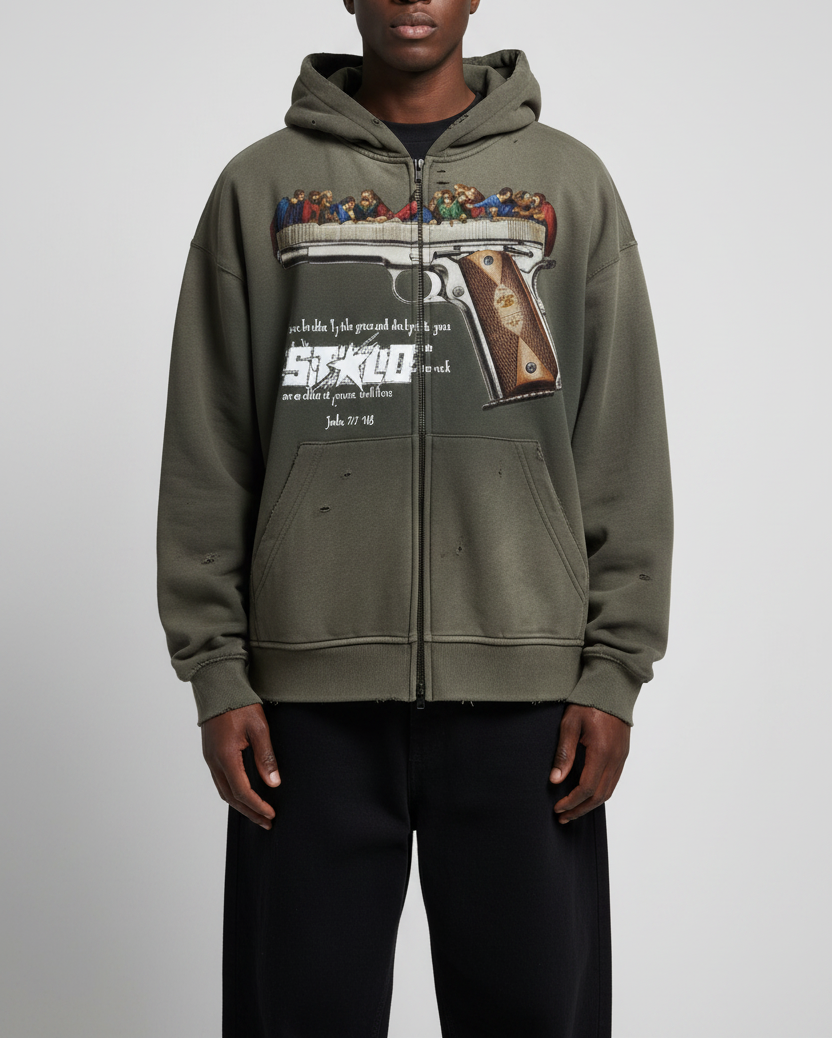 Stolo Clothing Co LUKE 22:36 Hand-Frayed Sun-Faded Double Zip-Up Hoodie (420 GSM)