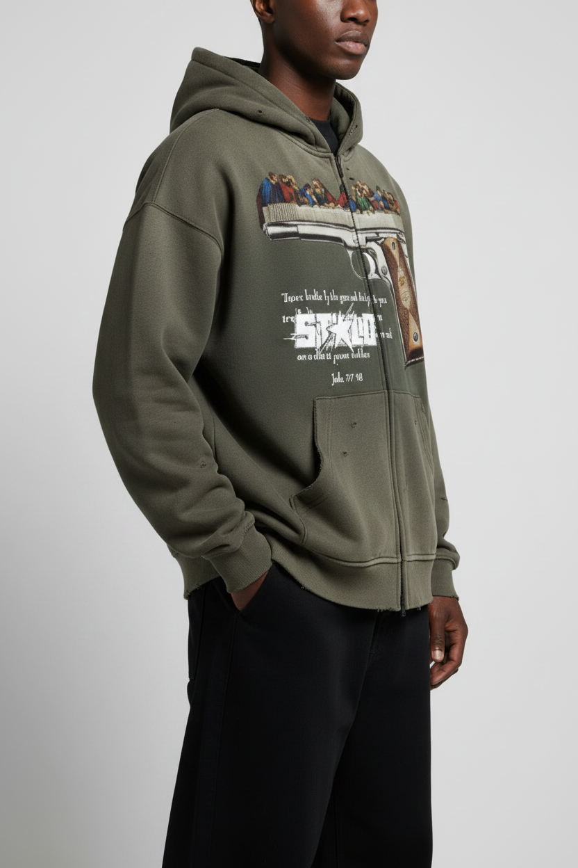 Stolo Clothing Co LUKE 22:36 Hand-Frayed Sun-Faded Double Zip-Up Hoodie (420 GSM)
