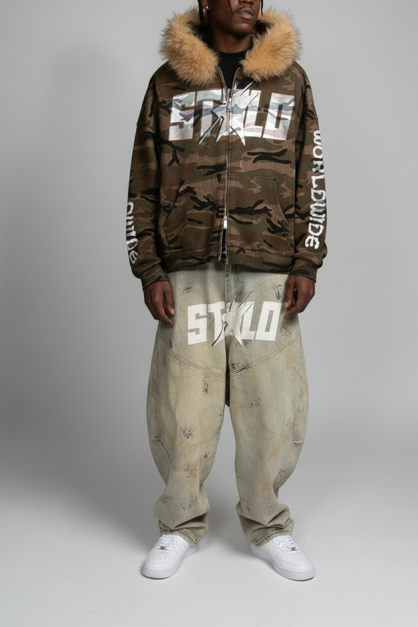 Stolo Clothing Co STARCHILD X WORLD WIDE AMERICA PRINT Unisex Heavyweight Camo Detachable Fur Double Zip-Up Hoodie (400GSM)
