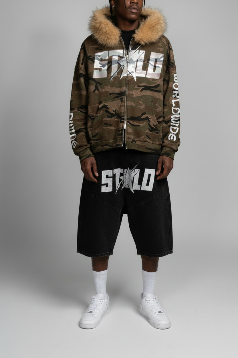 Stolo Clothing Co STARCHILD X WORLD WIDE AMERICA PRINT Unisex Heavyweight Camo Detachable Fur Double Zip-Up Hoodie (400GSM)