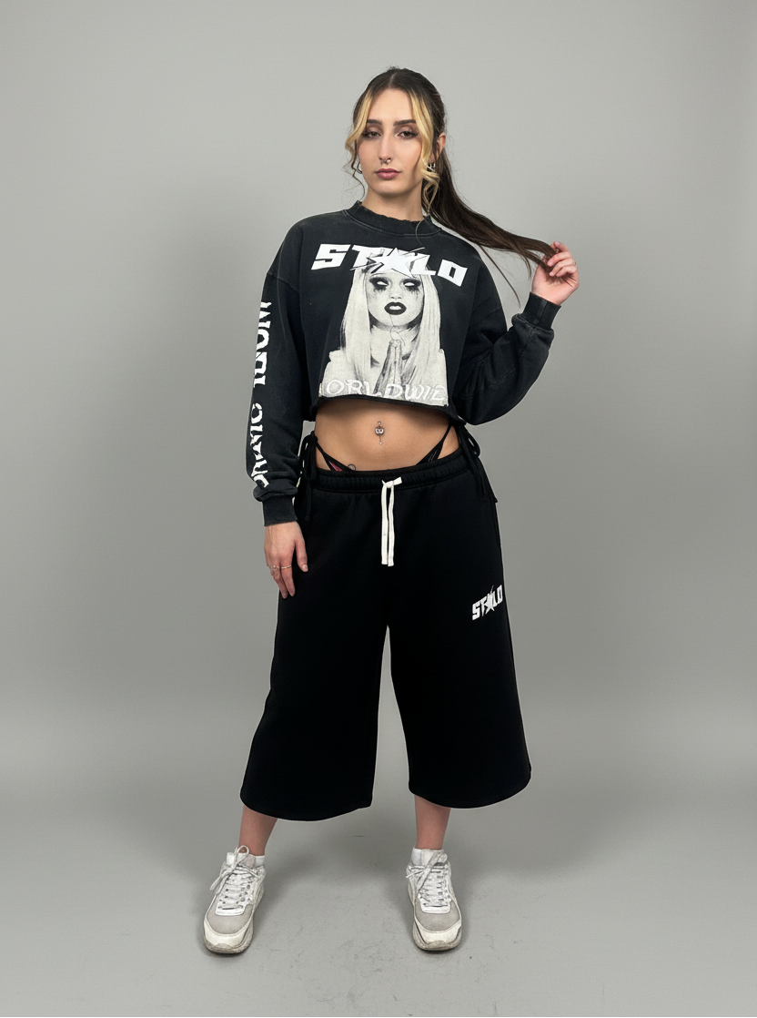 Stolo Clothing Co PREYING NUN Cropped Heavyweight Washed Raw-Edge Crew Neck Sweatshirt (380GSM)