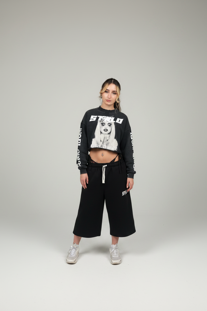 Stolo Clothing Co PREYING NUN Raw-Edge Cropped Washed Crew Neck Sweatshirt (380GSM)