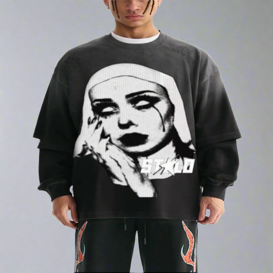 Stolo Clothing Co EVIL NUN Sun Faded Hand-Frayed Double Layered Tee