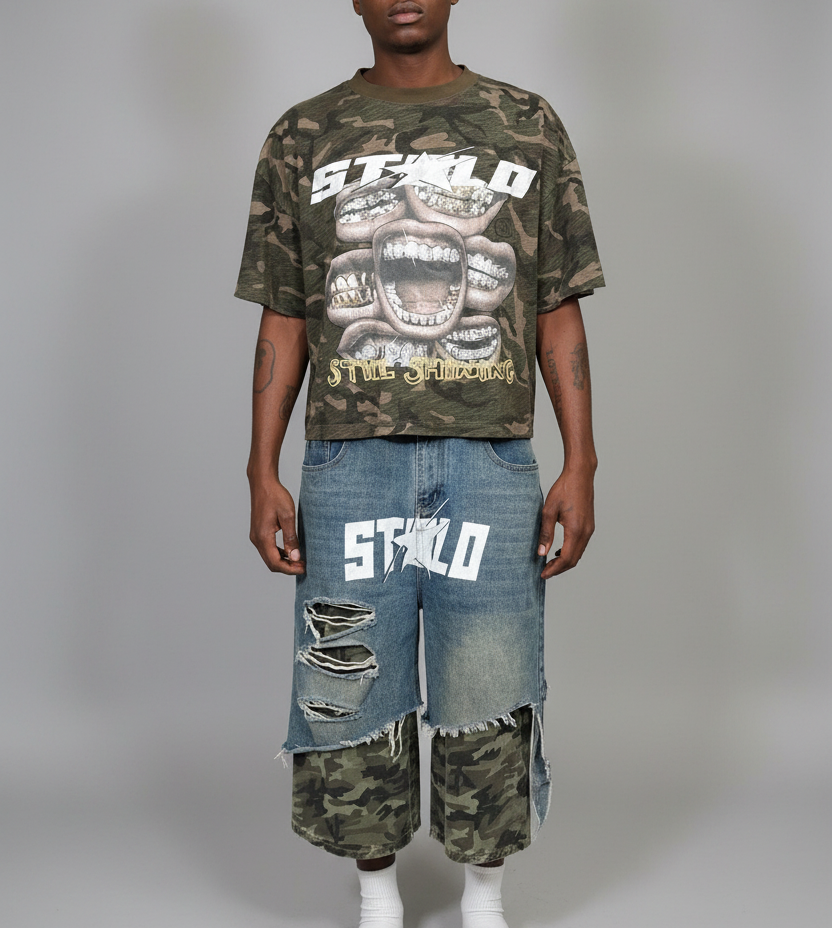 Limited Editon Stolo Clothing Co Still Shining Unisex Camo Cropped Oversized Tee