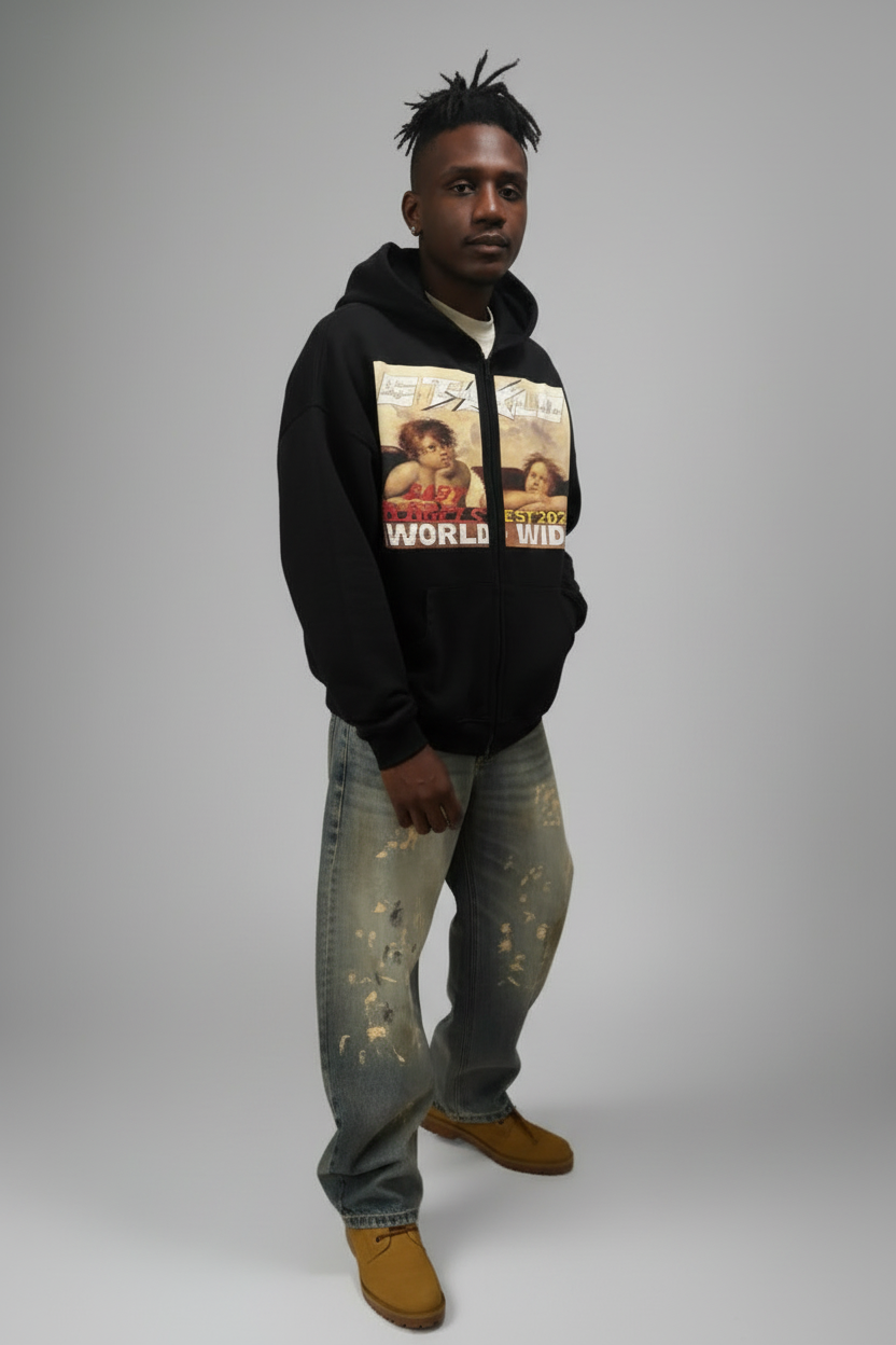 Limited Edition Stolo Clothing Co BABY ANGELS Hand-Frayed Sun Faded Double Zip Up Hoodie