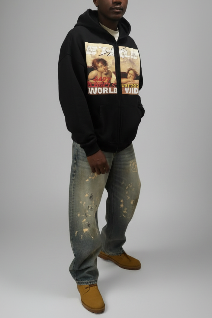 Limited Edition Stolo Clothing Co BABY ANGELS Hand-Frayed Sun Faded Double Zip Up Hoodie