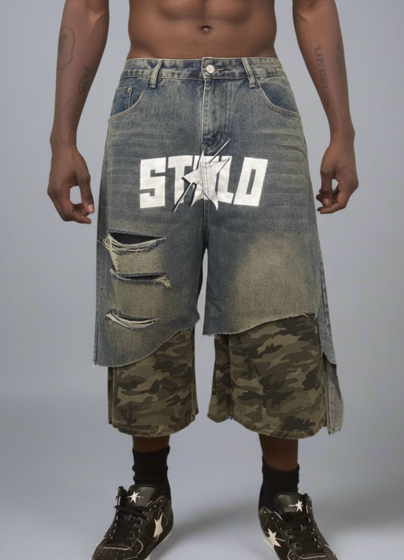 Stolo Clothing Co STARCHILD Unisex Half Camouflage Half Frayed Denim Shorts (JORTS)