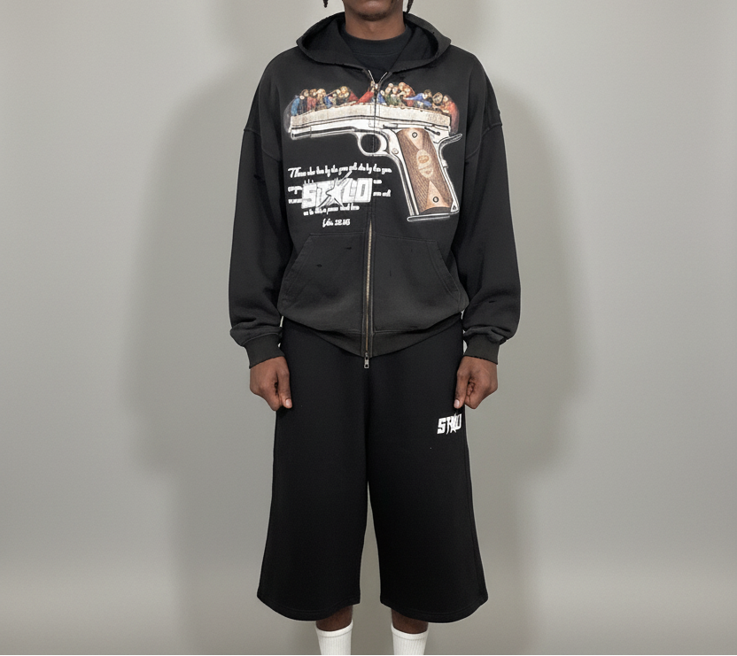 Stolo Clothing Co LUKE 22:36 Hand-Frayed Sun-Faded Double Zip-Up Hoodie (420 GSM)