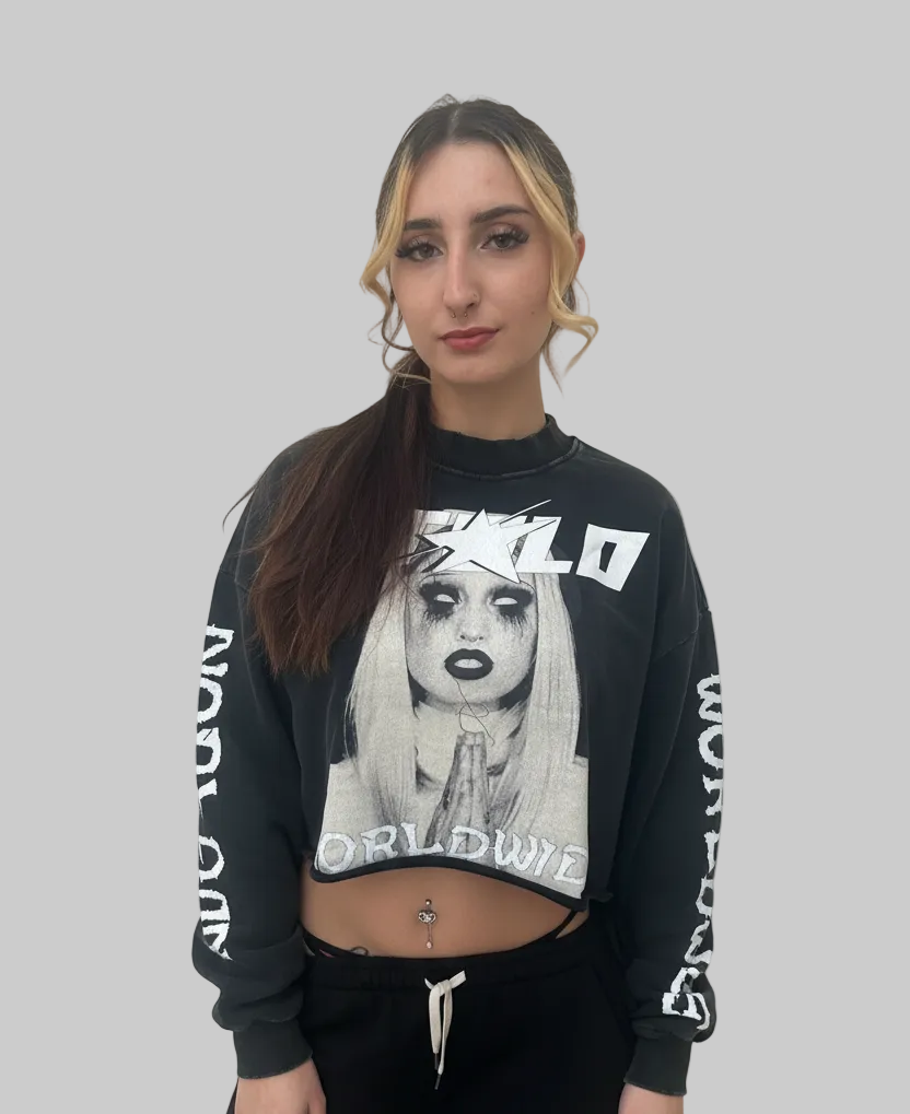 Stolo Clothing Co PREYING NUN Raw-Edge Cropped Washed Crew Neck Sweatshirt (380GSM)