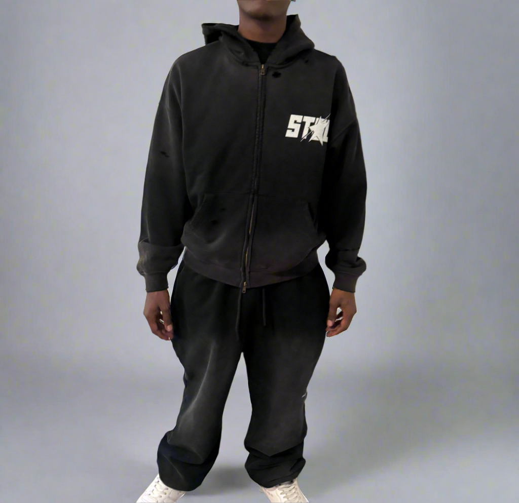 Stolo Clothing Co STARCHILD Pure Cotton Hand-Frayed Sun Faded Double Zip Hoodie