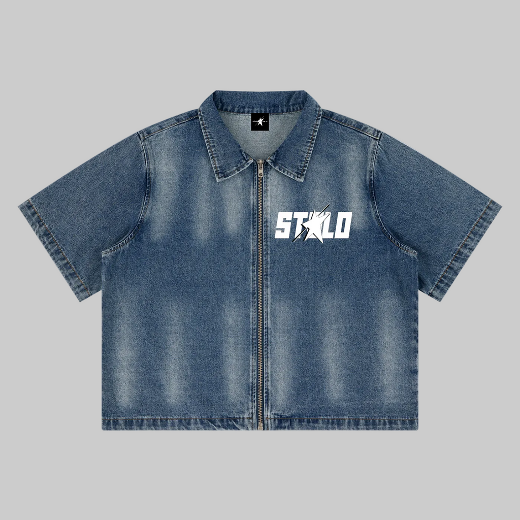 Stolo Clothing Co STARCHILD REBORN  Sun Faded Vintage Washed Full-Zip Denim Tee Shirt