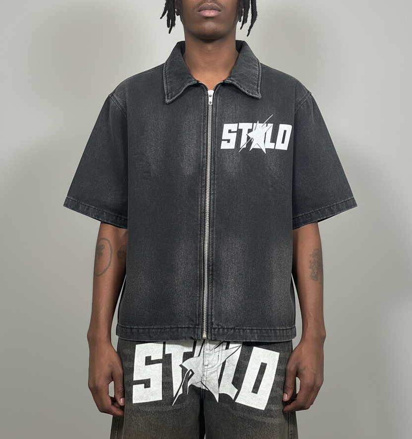Stolo Clothing Co STARCHILD REBORN  Sun Faded Vintage Washed Full-Zip Denim Tee Shirt