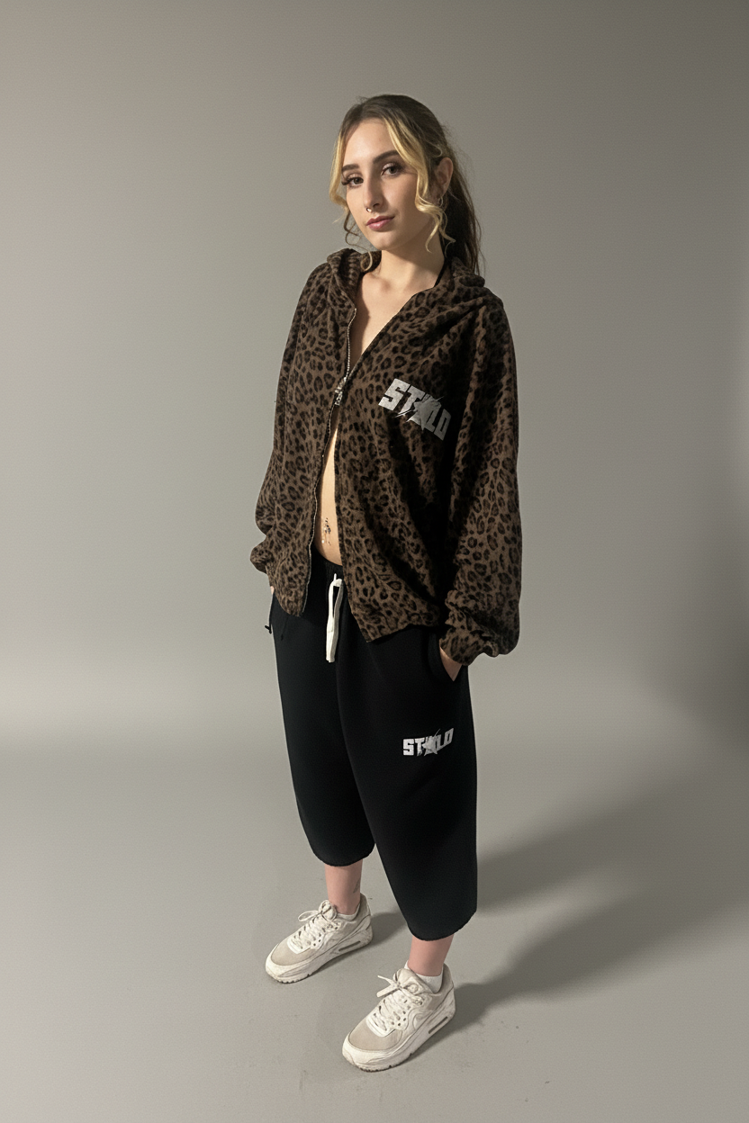 Stolo Clothing Co STARCHILD Leopard Print Waffle Texture Lightweight Double Zip Up Hoodie