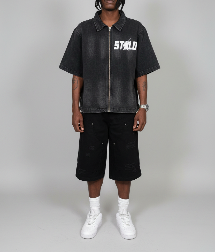 Stolo Clothing Co STARCHILD REBORN  Sun Faded Full-Zip Denim Tee Shirt (280 GSM)