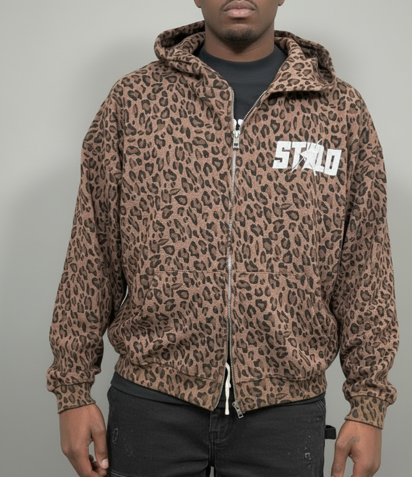 Stolo Clothing Co STARCHILD Leopard Print Waffle Texture Lightweight Double Zip Up Hoodie