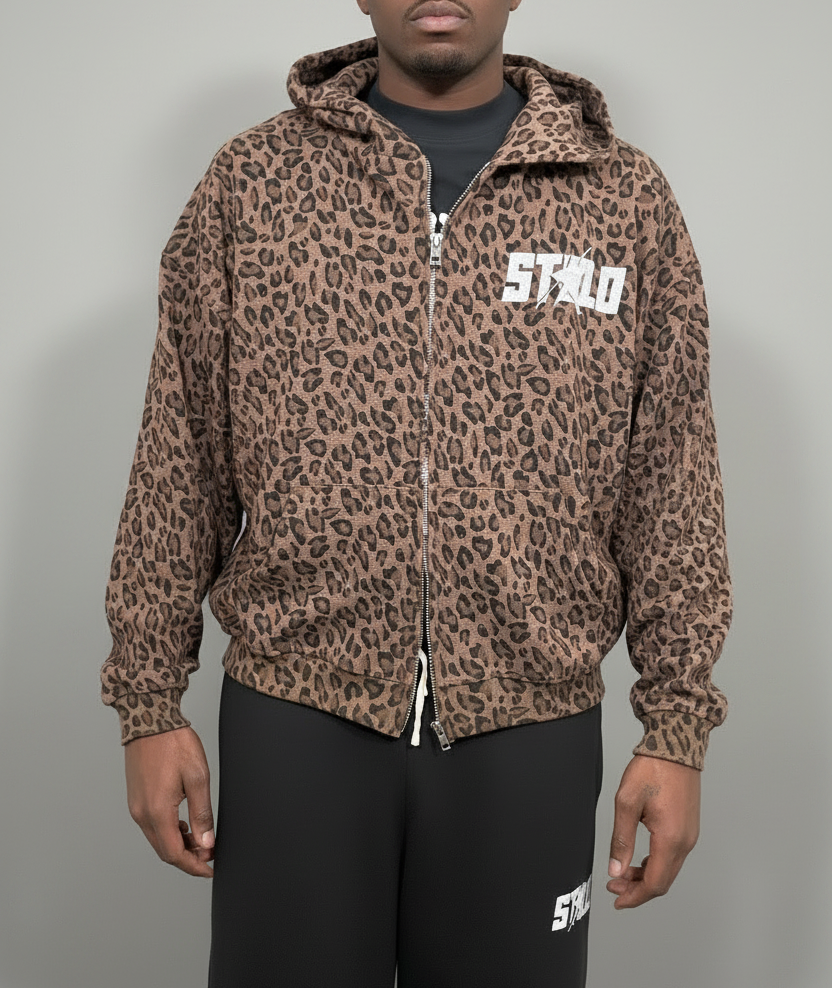 Stolo Clothing Co STARCHILD Leopard Print Waffle Texture Lightweight Double Zip Up Hoodie