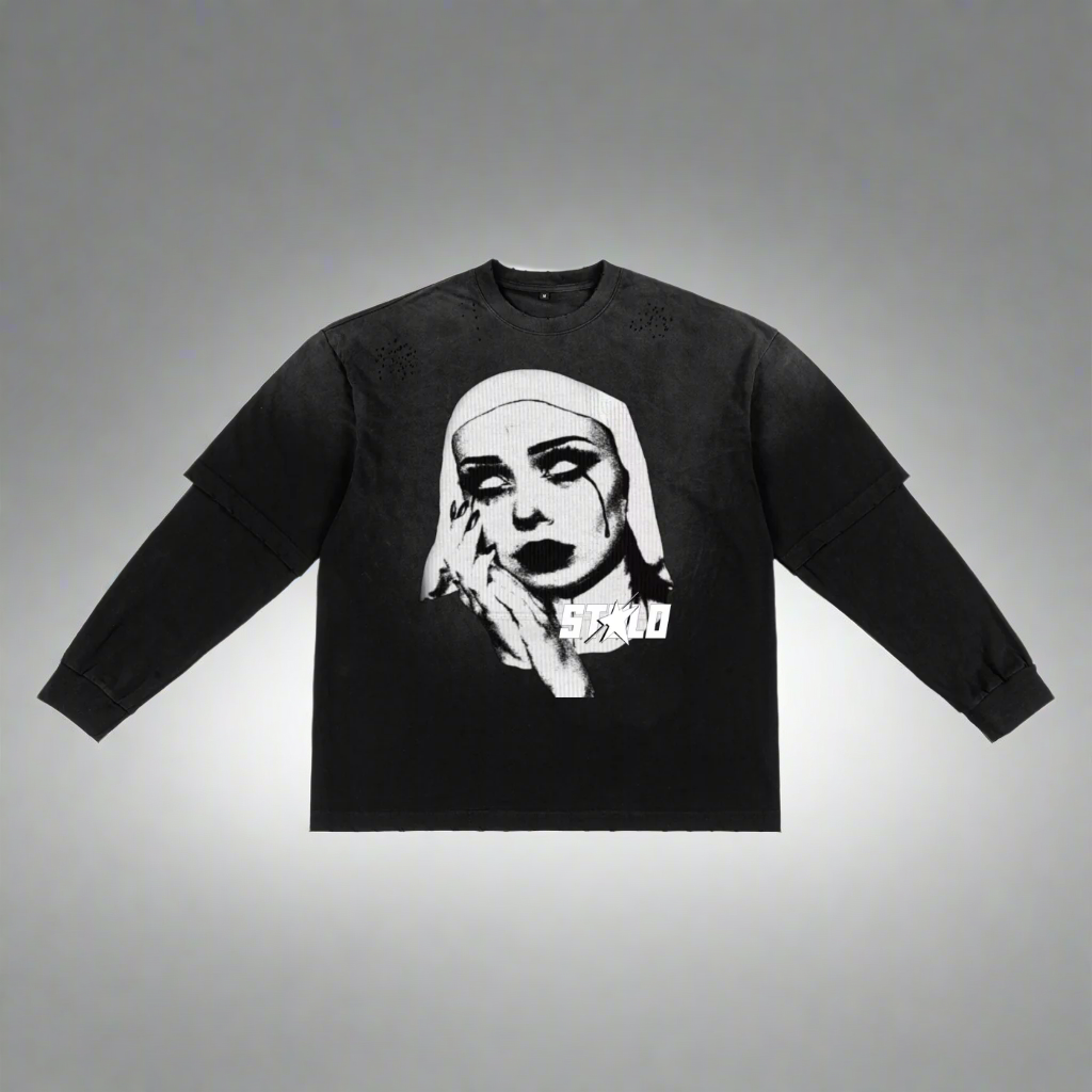 Stolo Clothing Co EVIL NUN Sun Faded Hand-Frayed Double Layered Tee