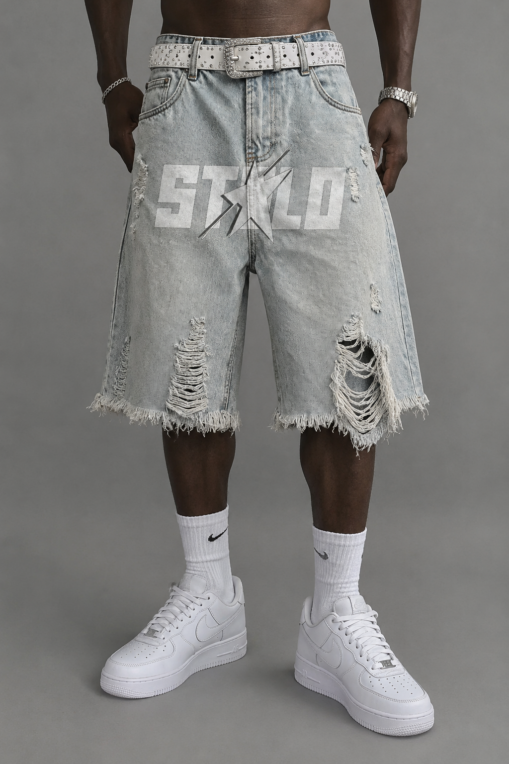 Stolo Clothing Co STARCHILD Heavy Faded Blue Distressed Unisex Denim Shorts (JORTS)