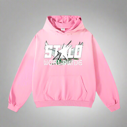 Stolo Clothing Co Birdies x World Wide Retro Washed Hand-Painted Oversized Hoodie [PINK & BLACK]