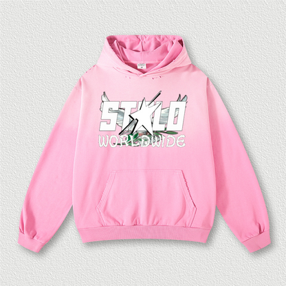 Stolo Clothing Co Birdies x World Wide Retro Washed Hand-Painted Oversized Hoodie [PINK & BLACK]