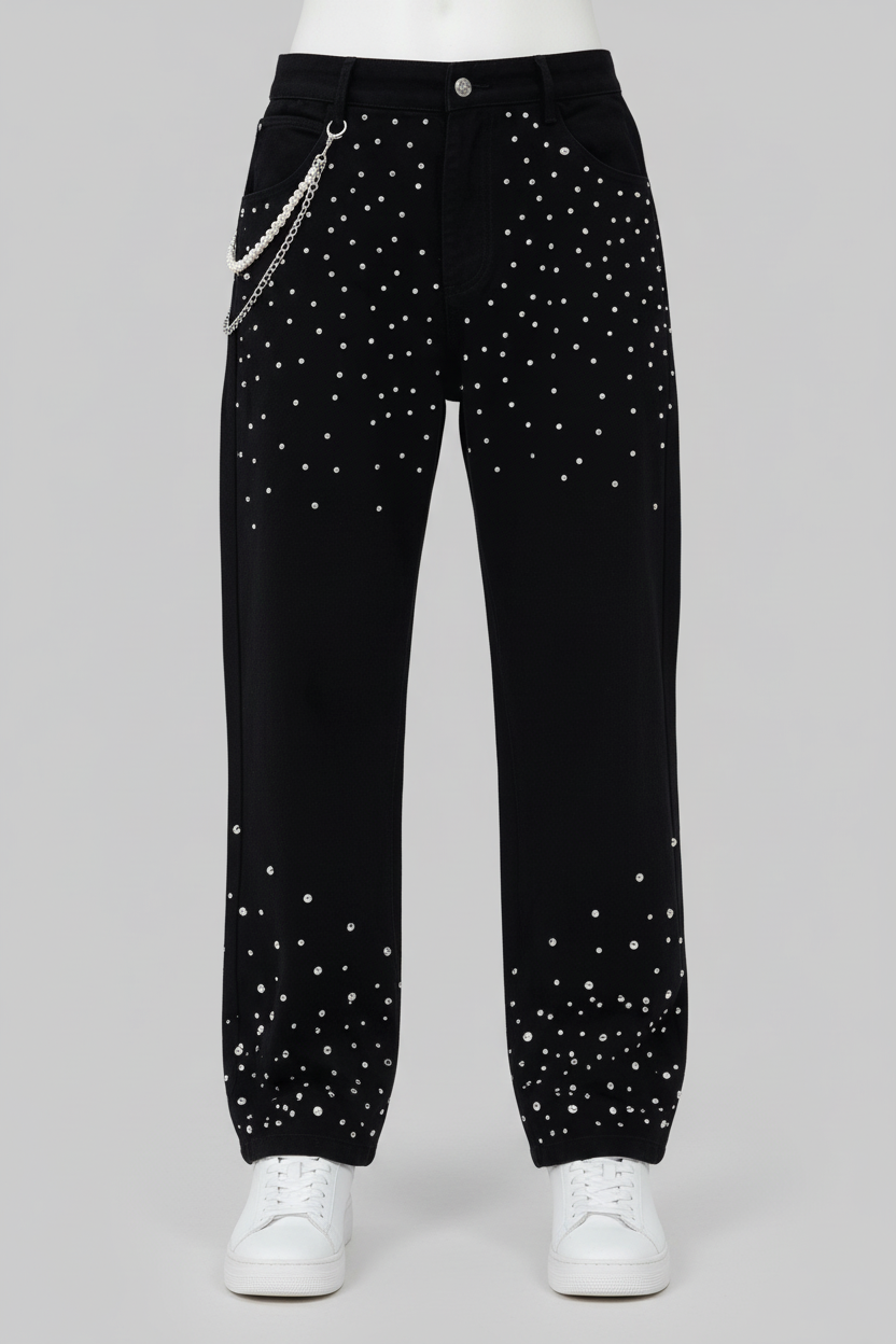 Stolo Clothing Co Essential Rhinestone-Embellished Unisex Straight-Leg Jeans w/ Wallet Chain