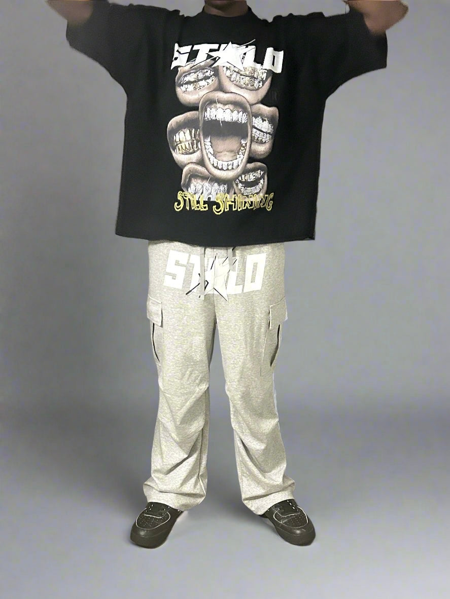 Stolo Clothing Co STARCHILD Wide-Leg Unisex Fleece Cargo Sweatpants [ BLACK & GREY ]