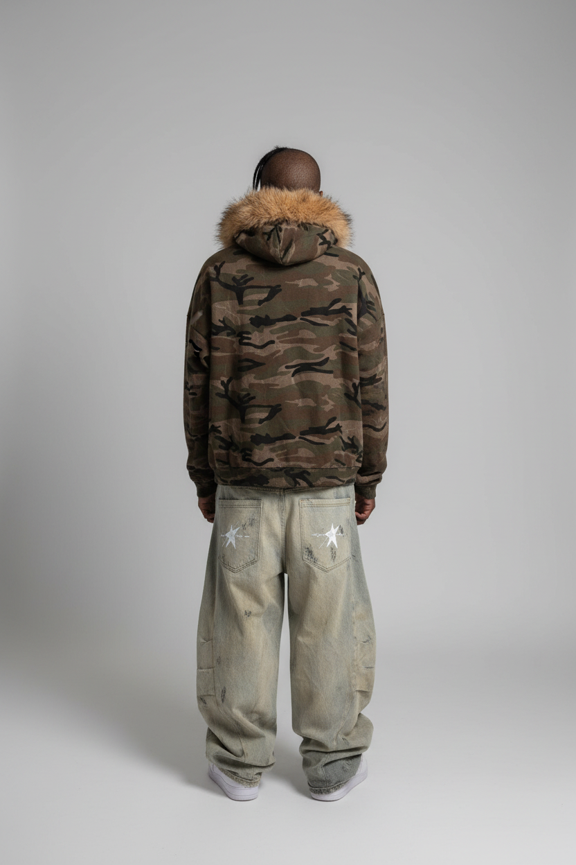 Stolo Clothing Co STARCHILD X WORLD WIDE AMERICA PRINT Unisex Heavyweight Camo Detachable Fur Double Zip-Up Hoodie (400GSM)