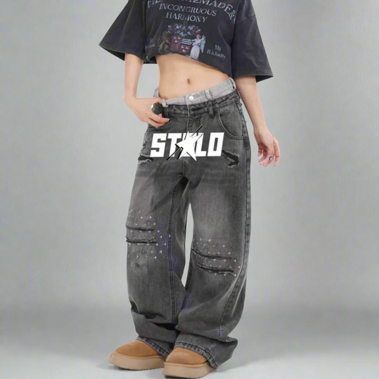 Stolo Clothing Co Women's Frayed Double Waist Band Baggy Denim Jeans