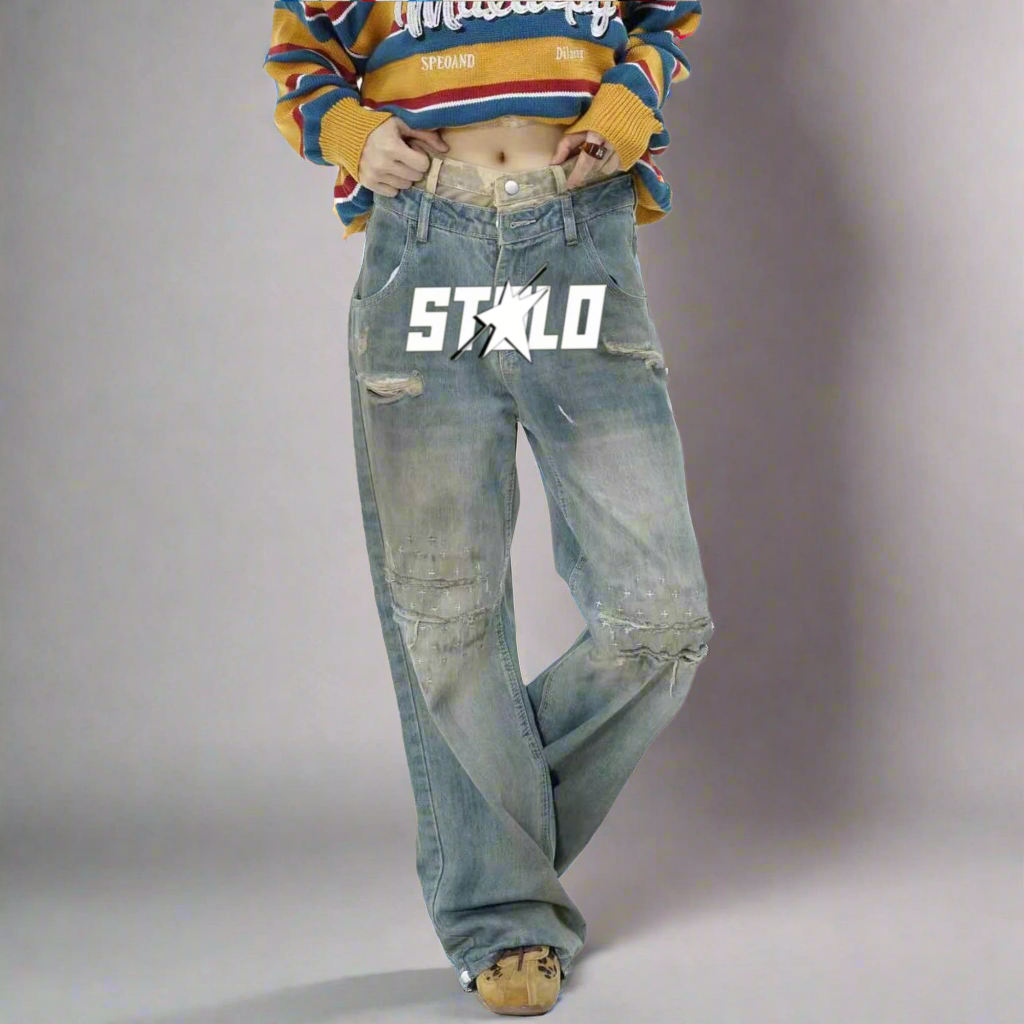Stolo Clothing Co Women's Frayed Double Waist Band Baggy Denim Jeans