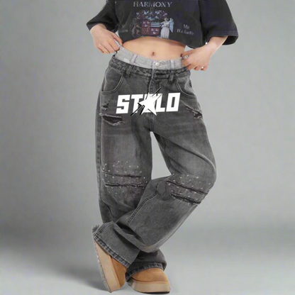Stolo Clothing Co Women's Frayed Double Waist Band Baggy Denim Jeans