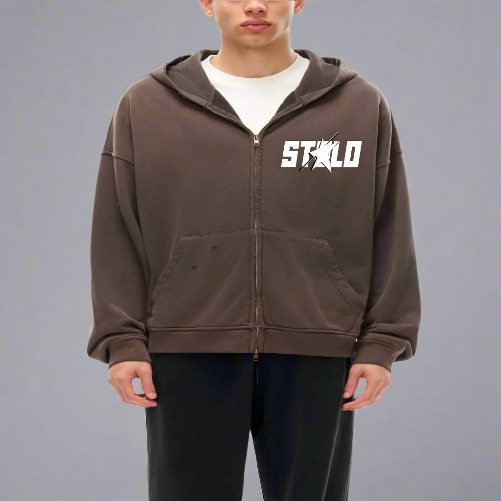 Limited Edition Stolo Clothing Co Still Shining Hand-Frayed Sun Faded Zip Up Hoodie