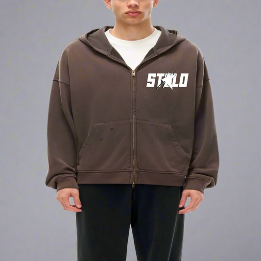 Limited Edition Stolo Clothing Co Still Shining Hand-Frayed Sun Faded Zip Up Hoodie